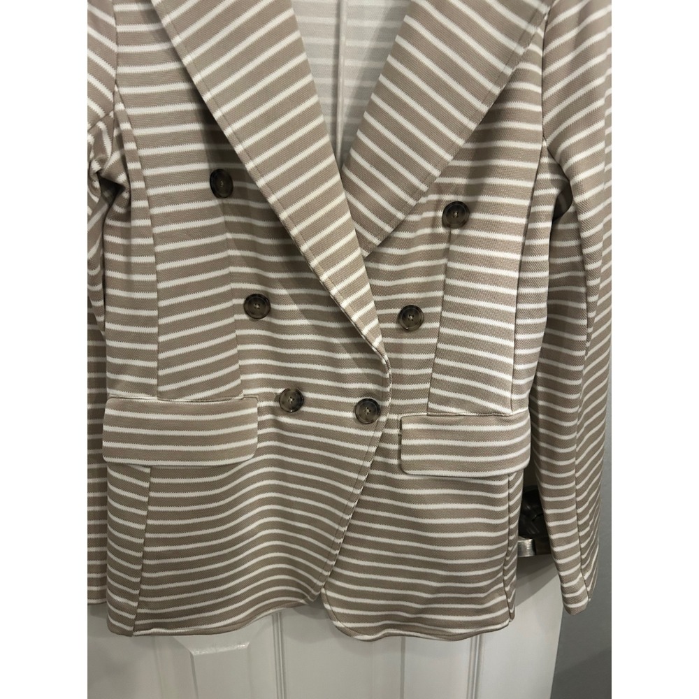 Banana Republic Womens Tan White Striped Double‎ Breasted Knit Blazer Small